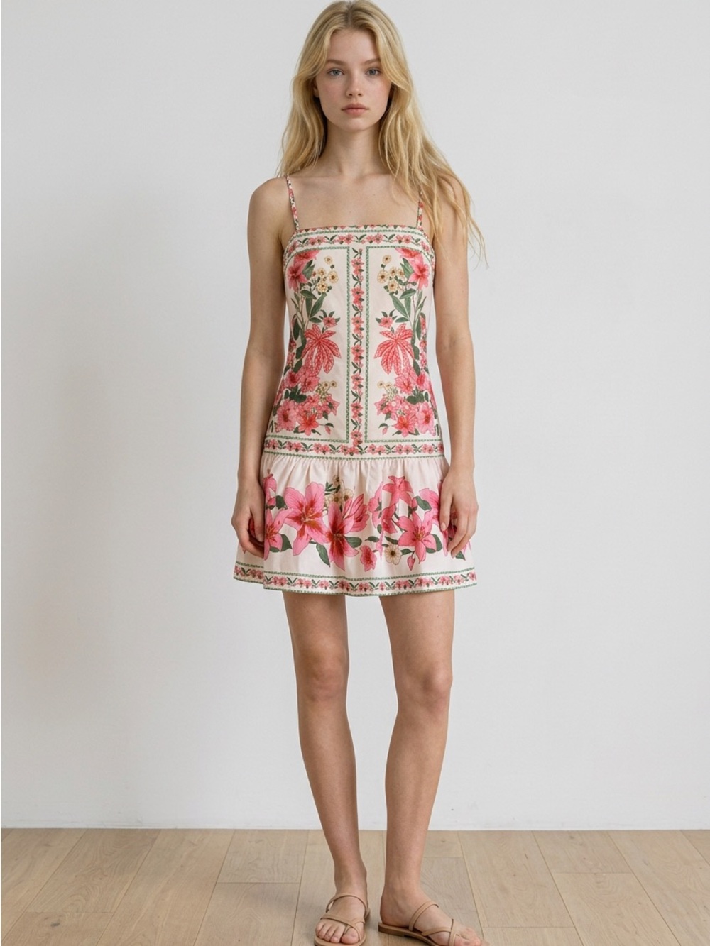Commense Floral Spaghetti-Strap Mini Dress in Pink and Cream